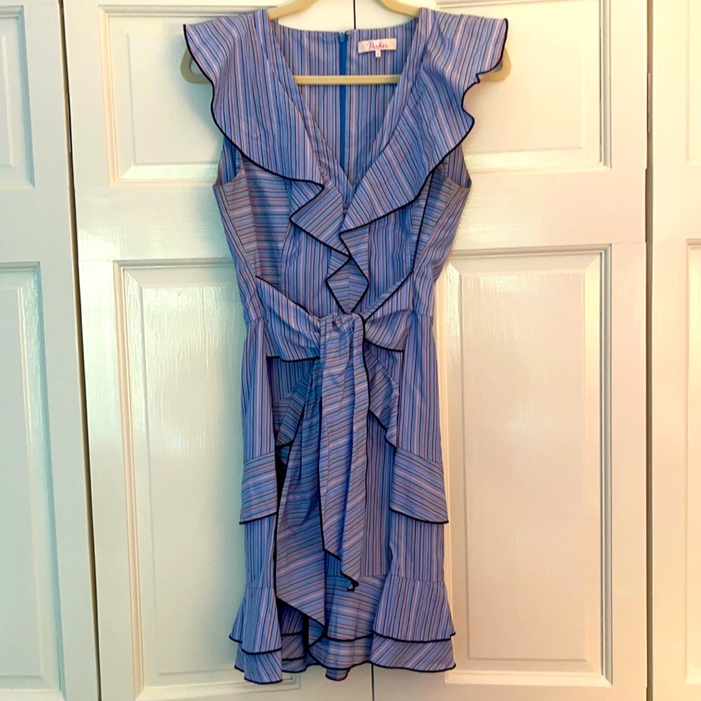 Parker Blue Pinstripe Sleeveless Ruffle Tie Dress